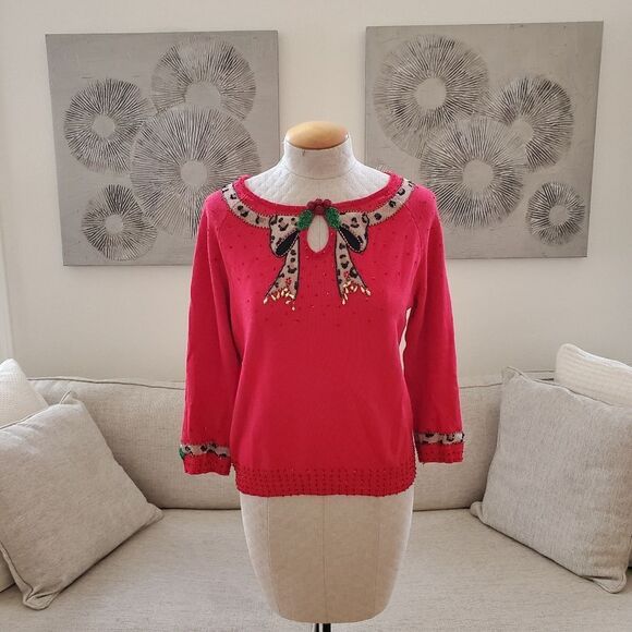 Collective Works Of Berek 2 Embellished Mistletoe Bow 3/4 Sleeve Sweater sz Med - Picture 2 of 10